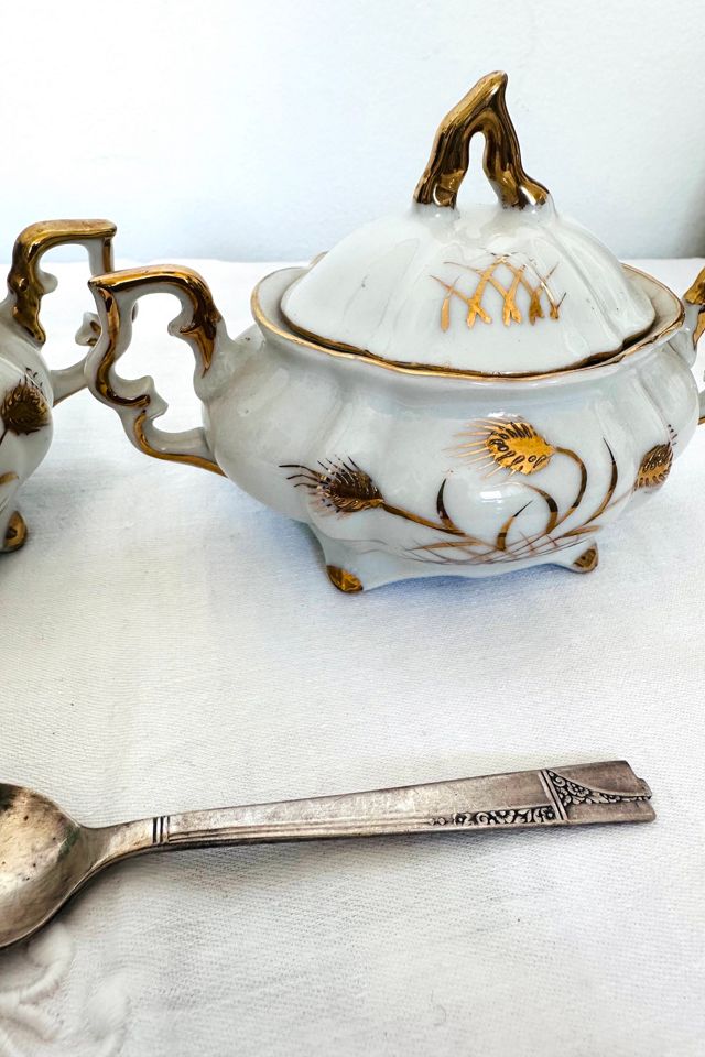 Vintage Hand Painted Cream and Sugar Set with Silverplate Spoon Selected by KA.TL.AK #3