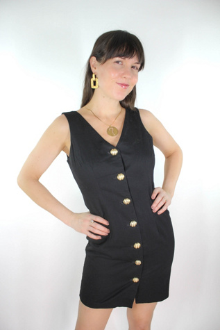 1980s Black Denim Gold Button Down Mini Dress Selected By Moons + Junes Vintage