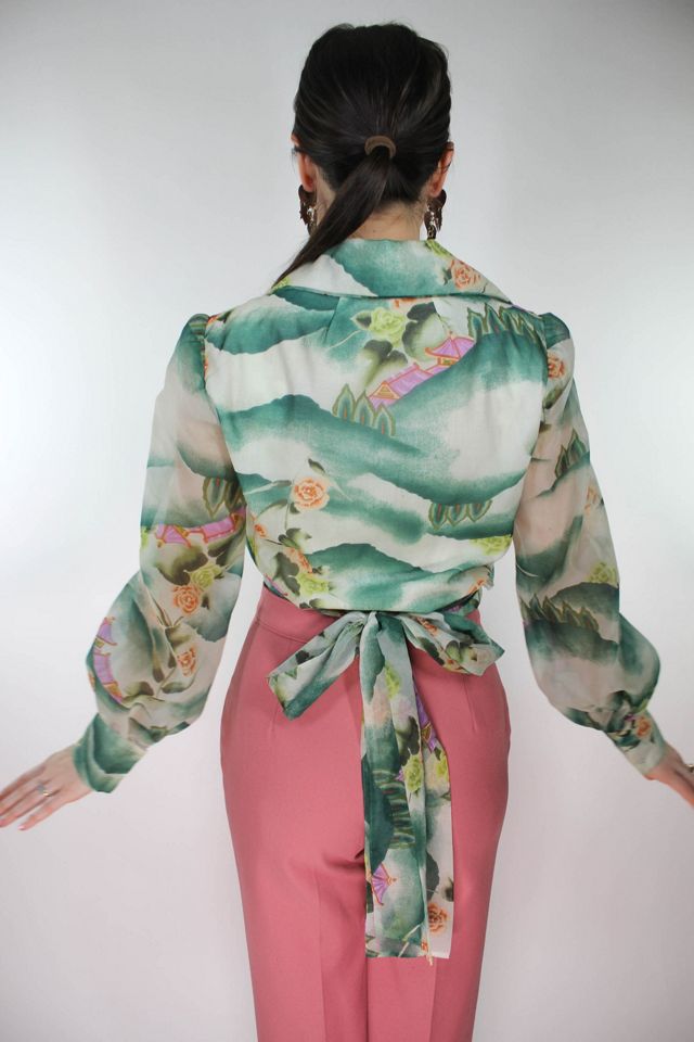 1970s Floral Asian Landscape Chiffon Wrap Blouse Selected By Moons + Junes Vintage #1
