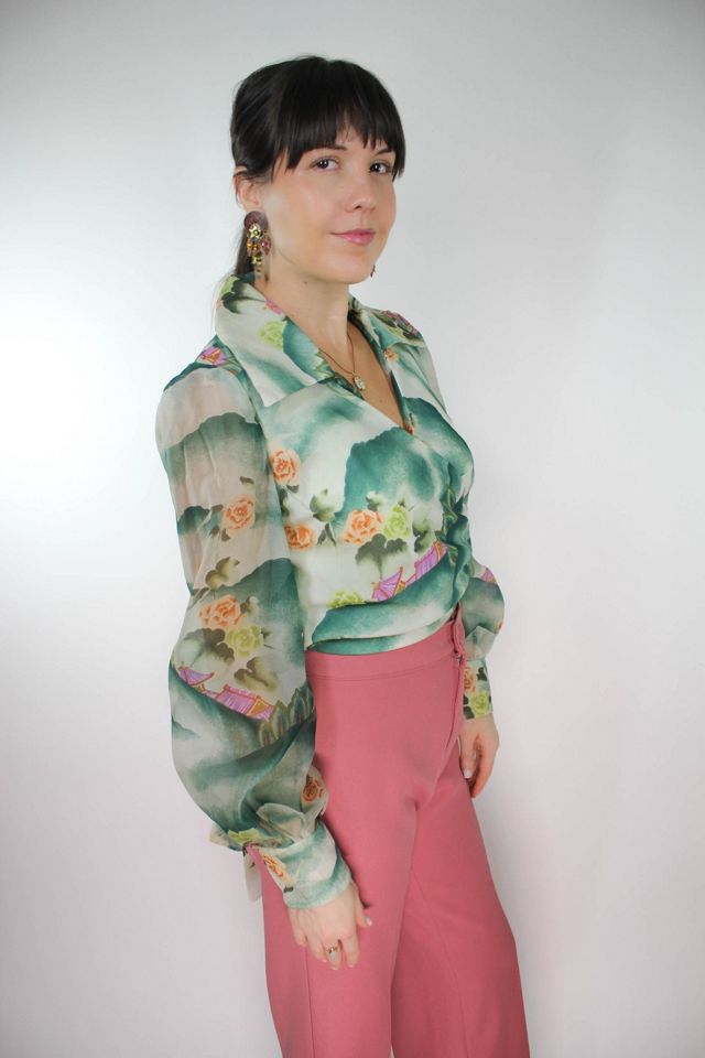 1970s Floral Asian Landscape Chiffon Wrap Blouse Selected By Moons + Junes Vintage #2