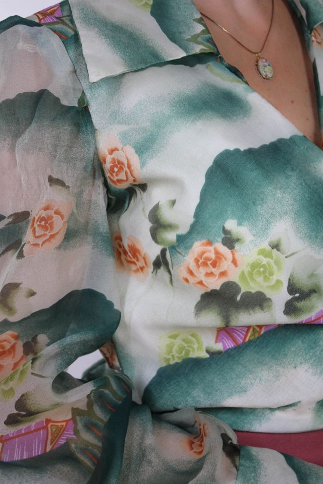 1970s Floral Asian Landscape Chiffon Wrap Blouse Selected By Moons + Junes Vintage #3