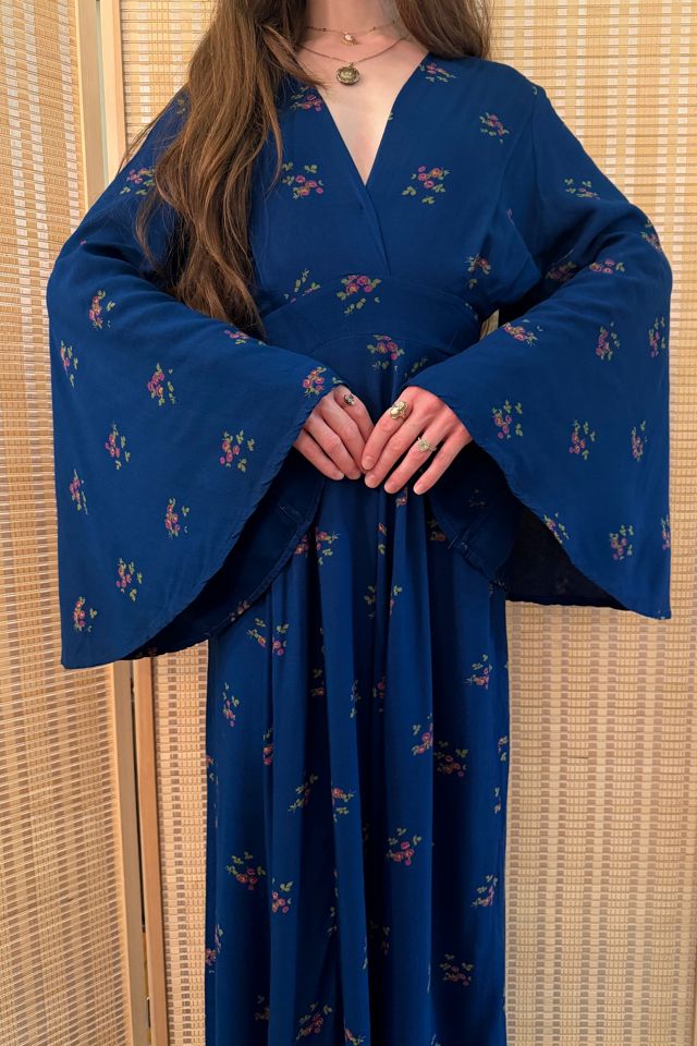 Vintage 1970s Boho Blue Floral Angel Sleeve Rayon Maxi Dress Selected by Two Vintage Twins #1