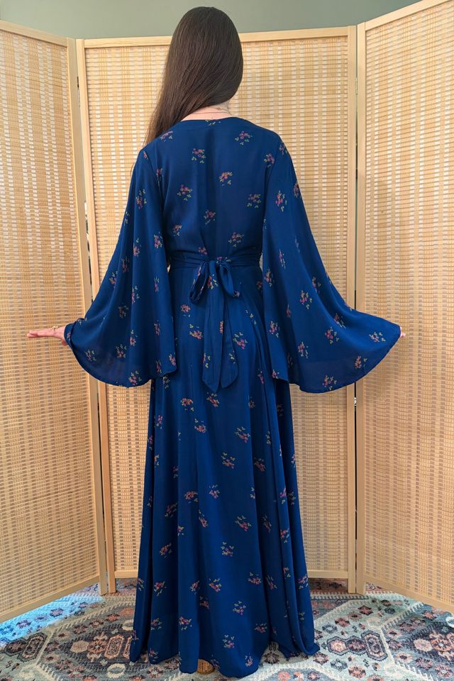 Vintage 1970s Boho Blue Floral Angel Sleeve Rayon Maxi Dress Selected by Two Vintage Twins #2