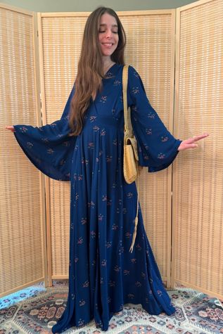 Vintage 1970s Boho Blue Floral Angel Sleeve Rayon Maxi Dress Selected by Two Vintage Twins