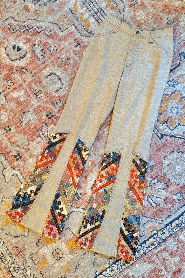 Vintage 1970s Western Tan Patchwork Flare Pants Selected by Two Vintage Twins #1