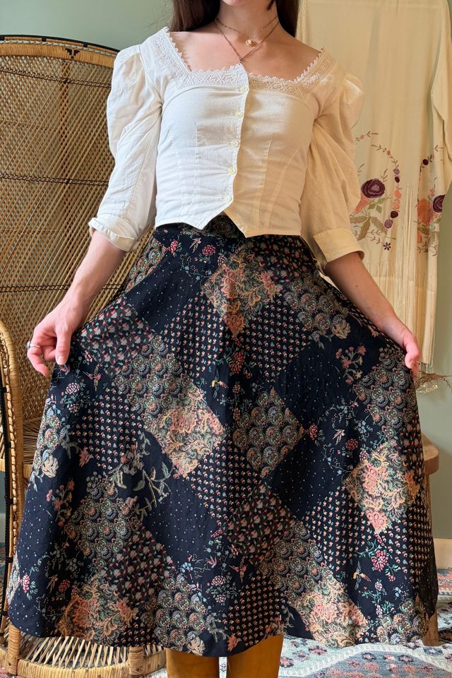 Vintage 1970s Whimsical Velvet Floral & Birds Patchwork Skirt Selected by Two Vintage Twins #1