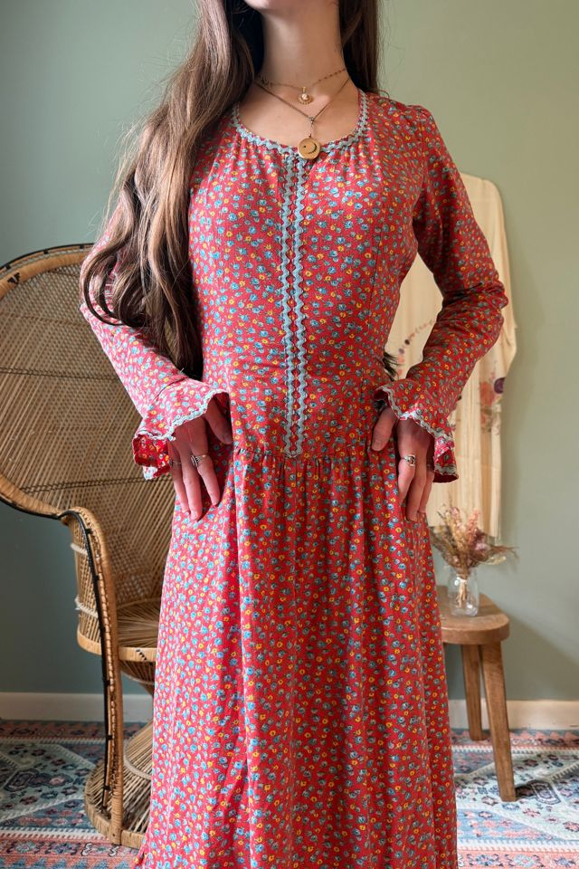 Vintage 1960s Red Floral Prairie Flare Sleeve Maxi Dress Selected by Two Vintage Twins #1