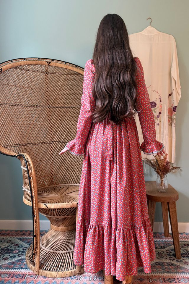 Vintage 1960s Red Floral Prairie Flare Sleeve Maxi Dress Selected by Two Vintage Twins #2