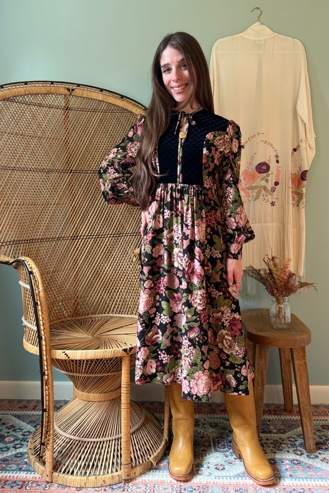 Vintage 1970s Moody Floral Black Velvet Midi Dress Selected by Two Vintage Twins #1