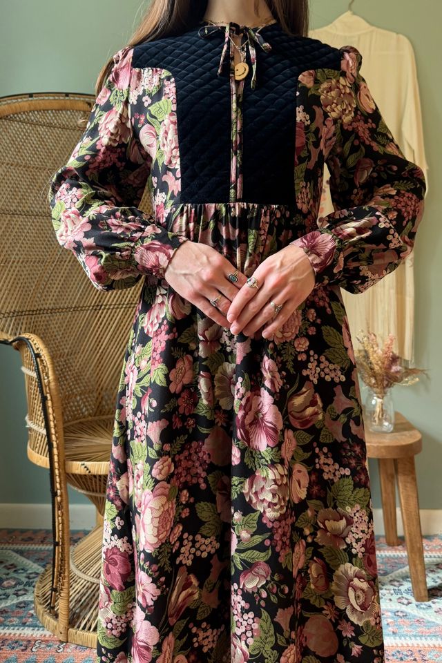 Vintage 1970s Moody Floral Black Velvet Midi Dress Selected by Two Vintage Twins #2