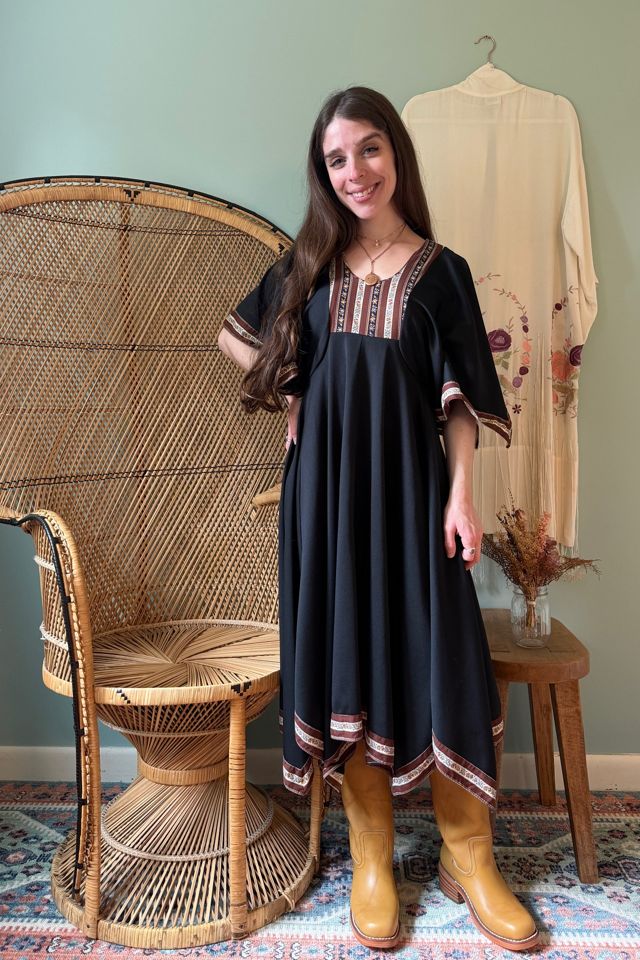 Vintage 1970s Autumnal Handkerchief Hem Midi Dress Selected by Two Vintage Twins #1