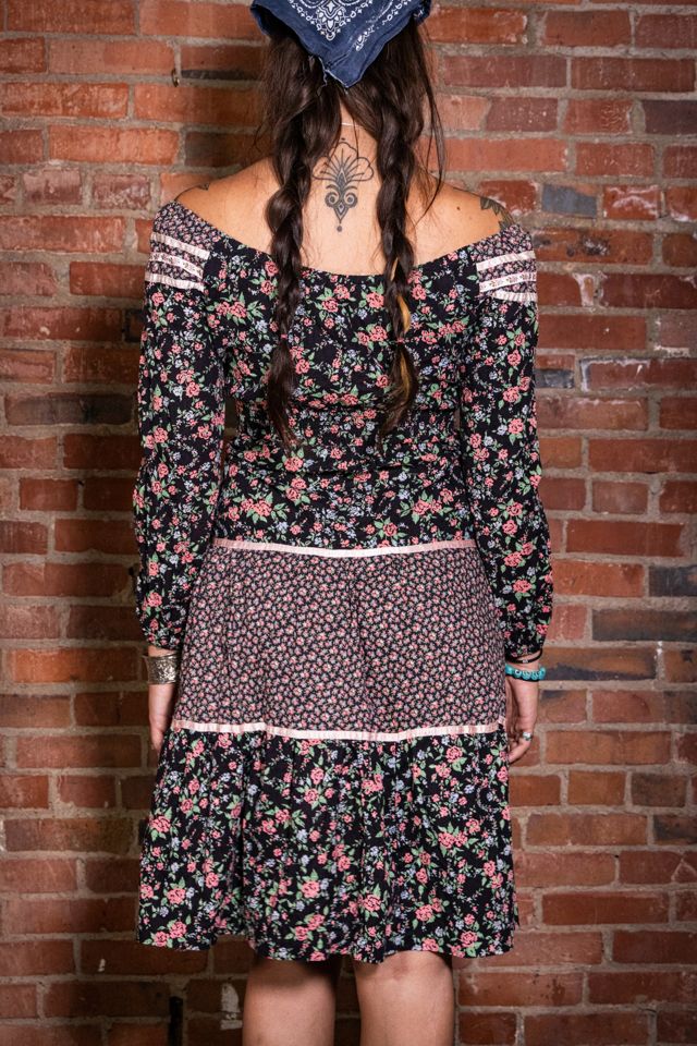 Vintage 70s Black and Pink Floral Midi Dress Selected by Black Shag Vintage #1