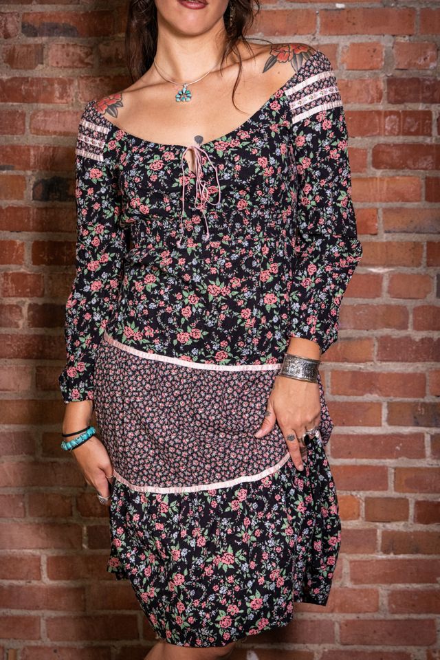 Vintage 70s Black and Pink Floral Midi Dress Selected by Black Shag Vintage #3