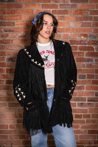 Vintage 90s Roamans Black Suede Fringe Jacket Selected by Black Shag Vintage