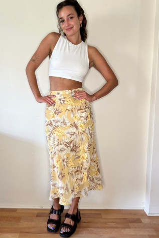 Mustard Floral Bias Flare Midi Skirt Selected by Picky Jane