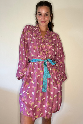 Vintage 100% Silk Jacquard Orchid Robe
