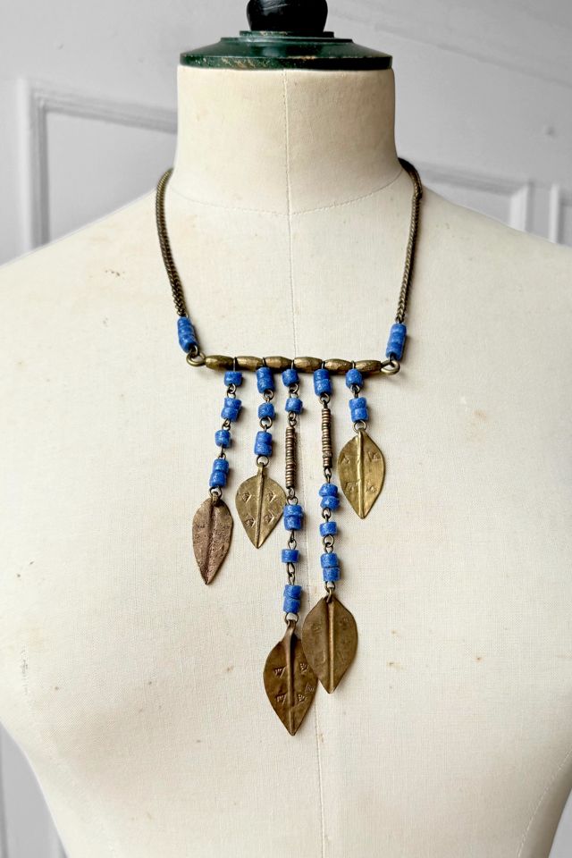 70s Vintage Boho Stamped Metal Leaf Charm Fringe Necklace Selected by MARMALADE #1