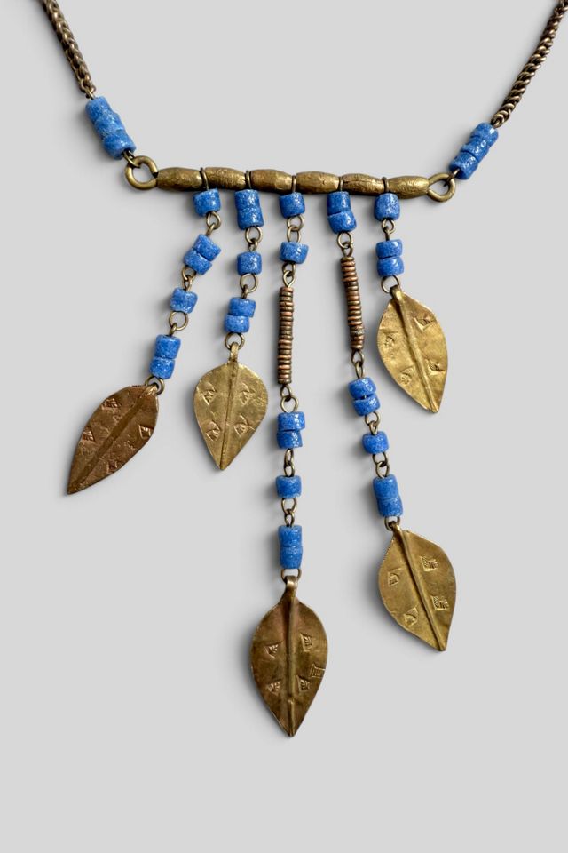 70s Vintage Boho Stamped Metal Leaf Charm Fringe Necklace Selected by MARMALADE #2