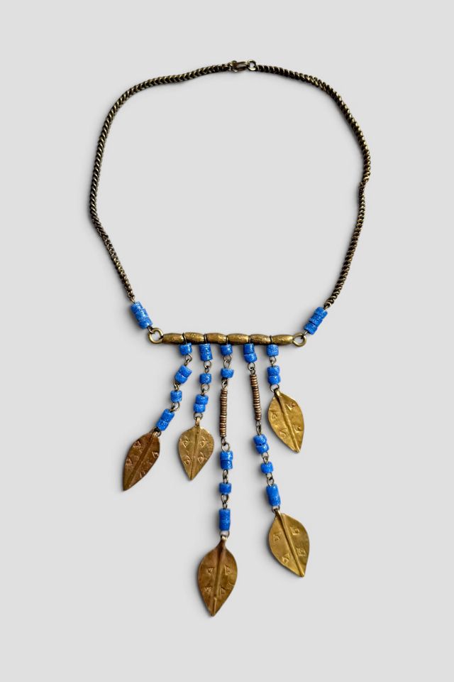 70s Vintage Boho Stamped Metal Leaf Charm Fringe Necklace Selected by MARMALADE #3