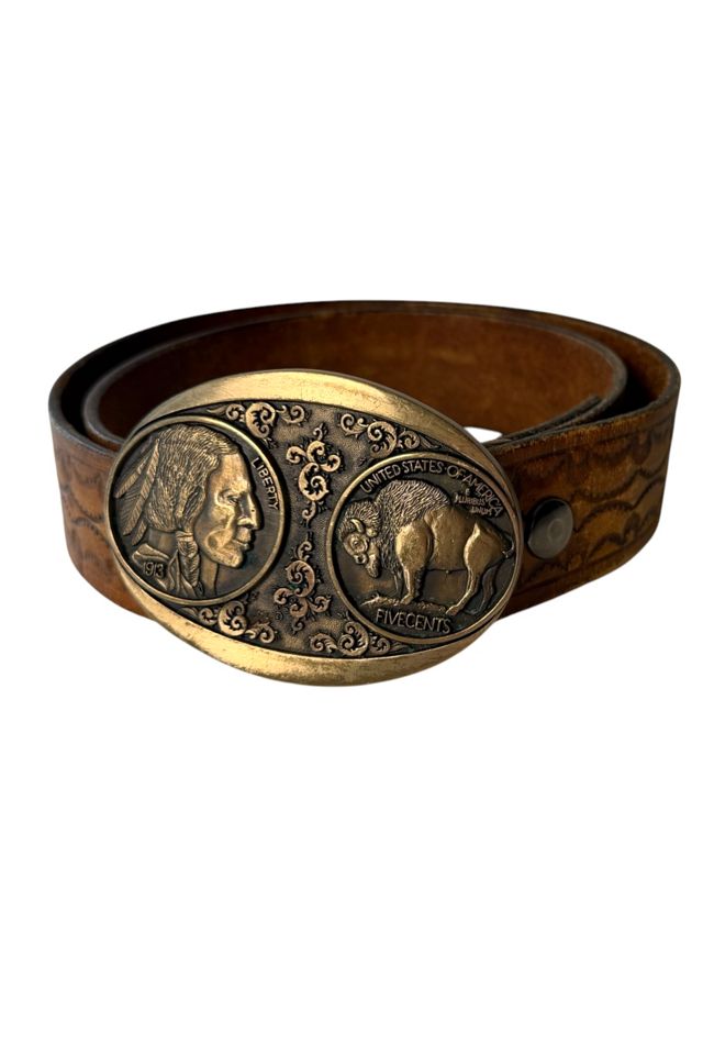Vintage Tooled Leather Belt With Brass Buckle Selected By Ankh By Racquel #1