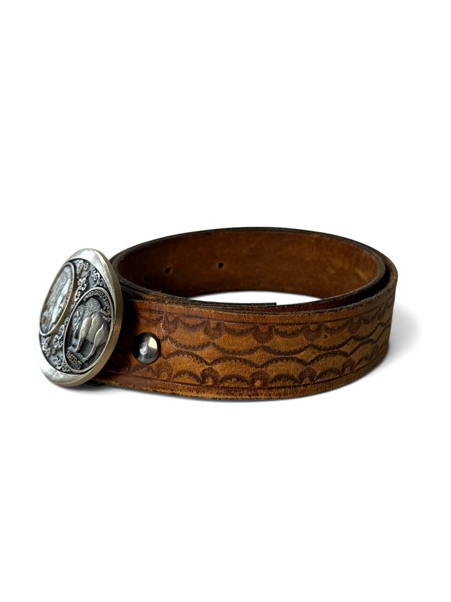 Vintage Tooled Leather Belt With Brass Buckle Selected By Ankh By Racquel #3