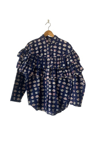 Conversation Pieces Navy Teapot-Print Ruffle Top Selected by The Curatorial Dept.