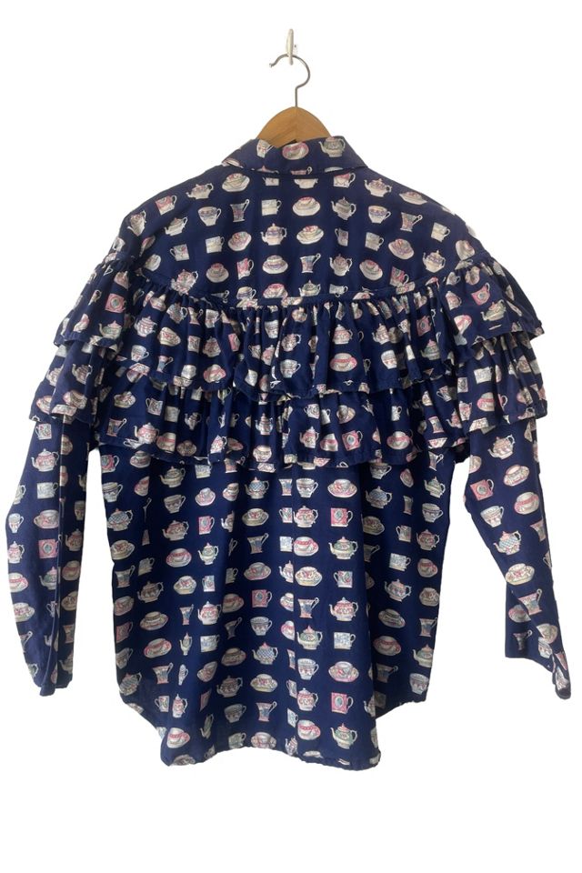 Conversation Pieces Navy Teapot-Print Ruffle Top Selected by The Curatorial Dept. #1