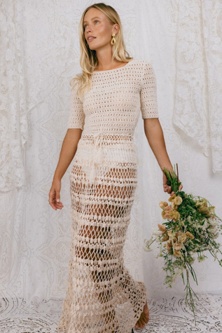 1970s Crochet Cream Short Sleeve Dress Selected by Madly Vintage