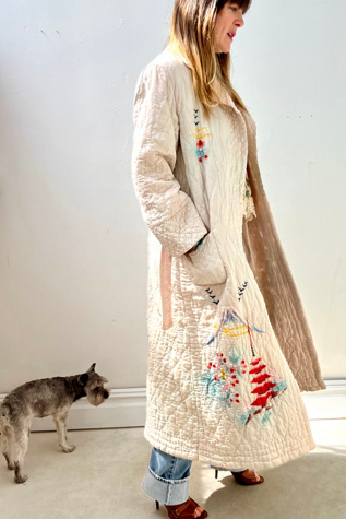 Vintage Quilted Silk Embroidered Maxi Coat Selected by Anna Corinna