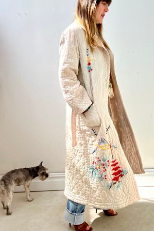 Vintage Quilted Silk Embroidered Maxi Coat Selected by Anna Corinna