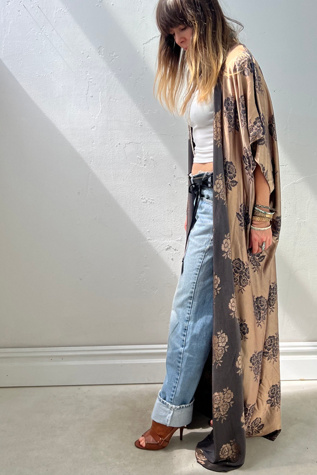 Anna Corinna Reworked Vintage Silky Roses Maxi Duster