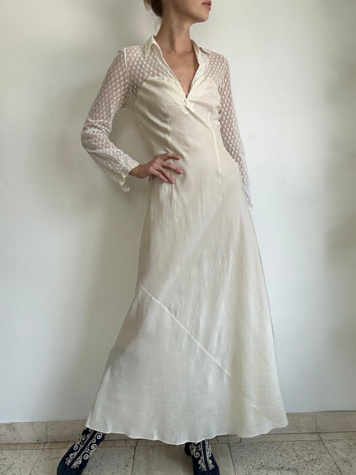 1940's Bridal White Silk and Lace Collared Dress Selected By Eveliina Vintage