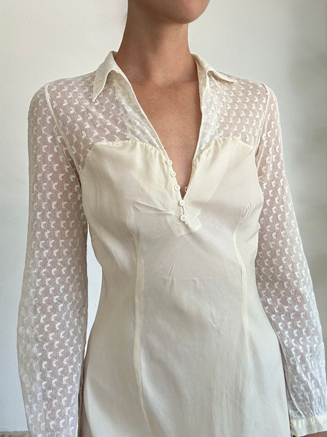 1940's Bridal White Silk and Lace Collared Dress Selected By Eveliina Vintage #1