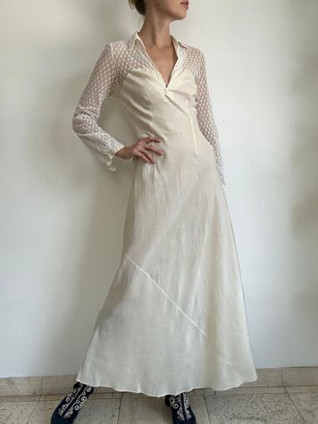 1940's Bridal White Silk and Lace Collared Dress Selected By Eveliina Vintage