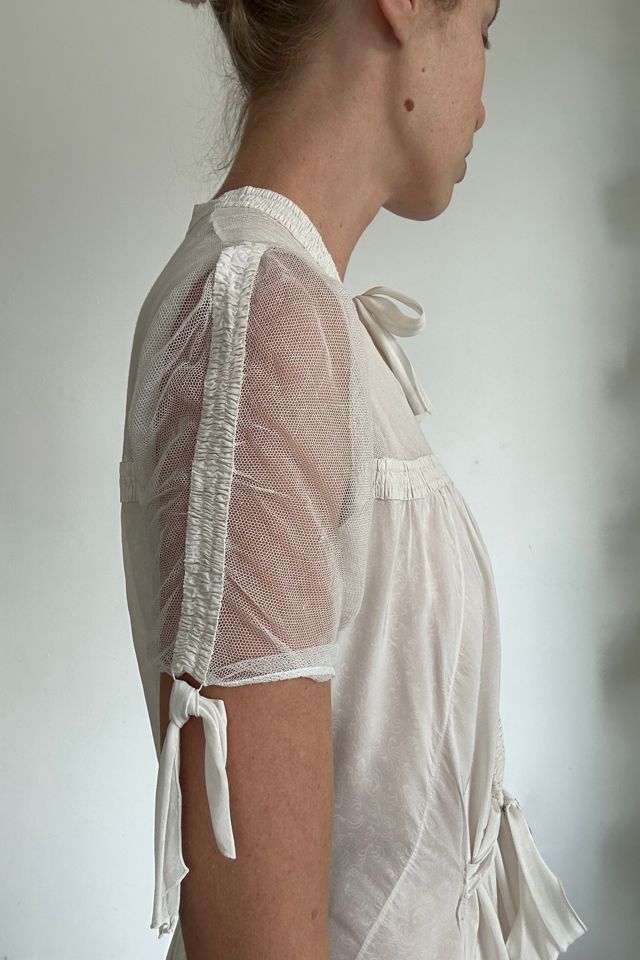 1930's Bridal White Floral Print Silk Dress with Mesh Sleeves Selected by Eveliina Vintage #1
