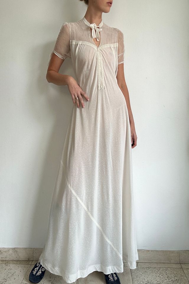 1930's Bridal White Floral Print Silk Dress with Mesh Sleeves Selected by Eveliina Vintage #2