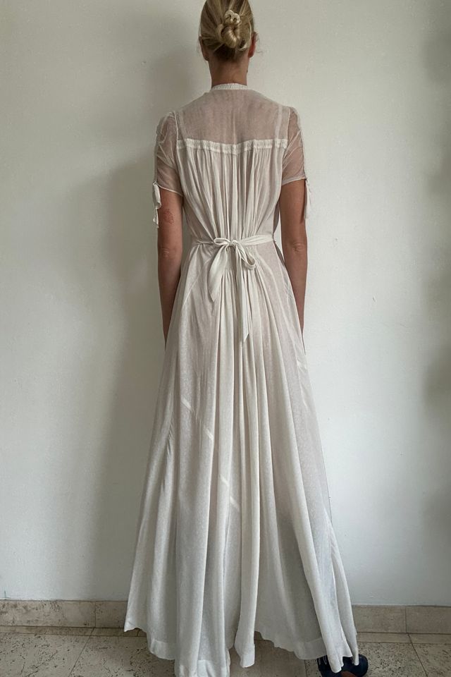 1930's Bridal White Floral Print Silk Dress with Mesh Sleeves Selected by Eveliina Vintage #3