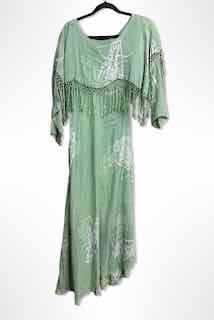 1990s Sage Batik Fringe Caftan Maxi Dress Selected By Ritual Vintage
