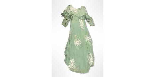 1990s Sage Batik Fringe Caftan Maxi Dress Selected By Ritual Vintage #1