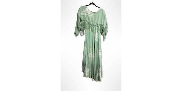 1990s Sage Batik Fringe Caftan Maxi Dress Selected By Ritual Vintage #2