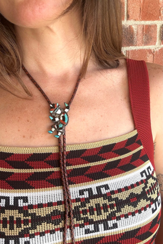 Vintage Sterling Silver and Turquoise Brown Leather Bolo Tie Selected by Grievous Angel Vintage