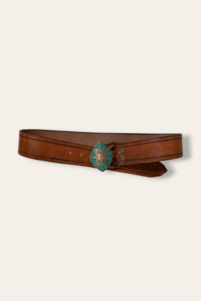 Vintage 1970's Inlaid Brass Buckle Leather Belt Selected By Afterlife Boutique #1