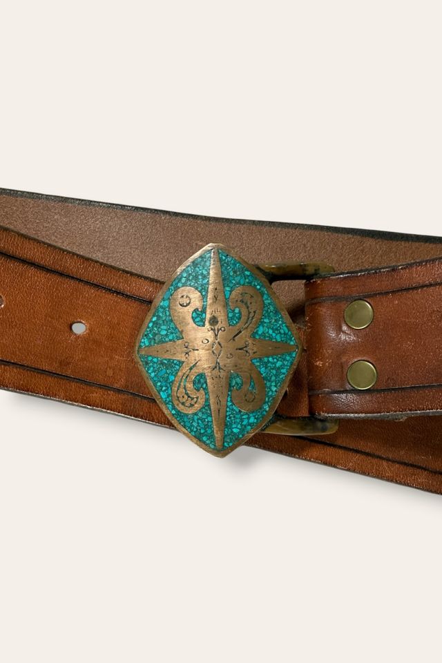 Vintage 1970's Inlaid Brass Buckle Leather Belt Selected By Afterlife Boutique #2