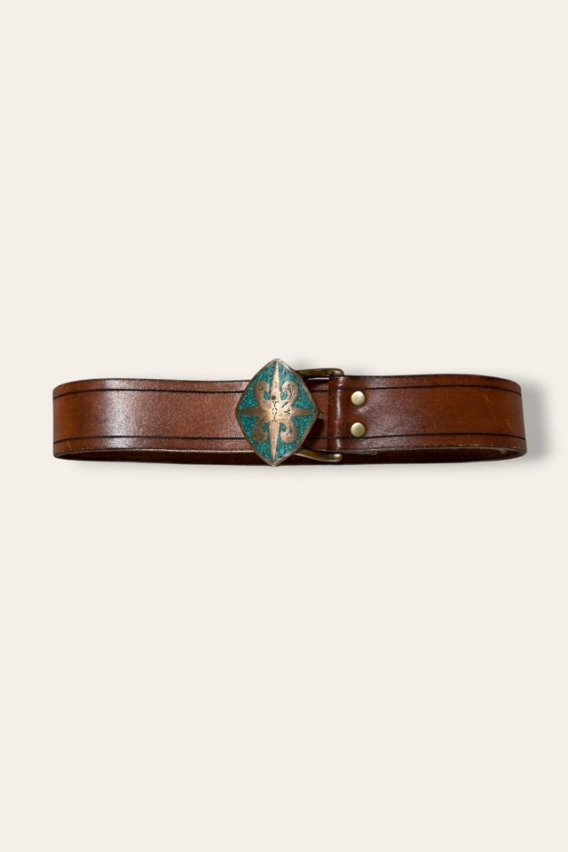 Vintage 1970's Inlaid Brass Buckle Leather Belt Selected By Afterlife Boutique #3