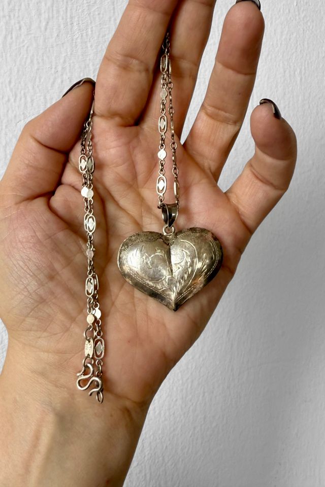 Vintage Etched Sterling Silver Puffy Heart Charm Necklace Selected by MARMALADE #1