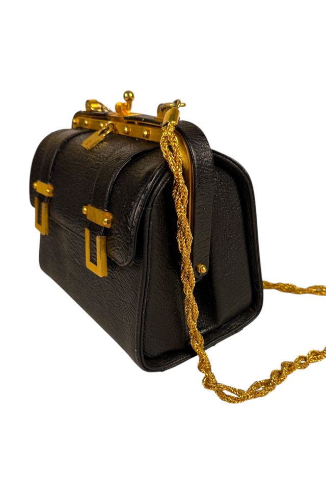 Vintage Black Leather Structured Purse With Chain Strap Selected By Ankh By Racquel #3