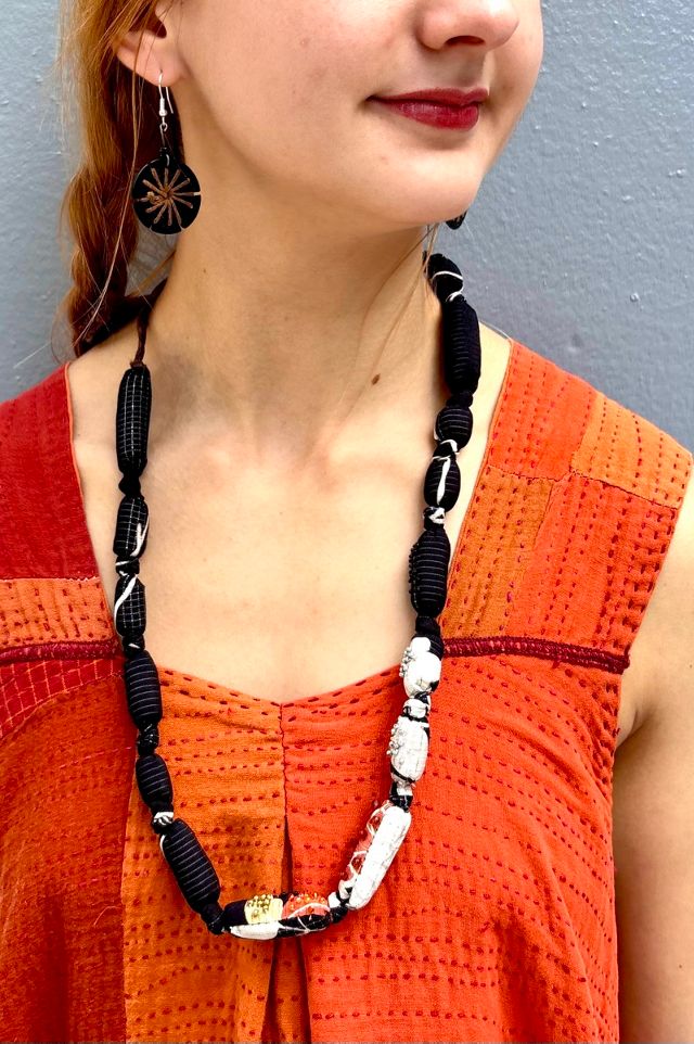 Handmade Silk Fabric Art-to-Wear Vintage Print Necklace Selected by Nomad Vintage #1