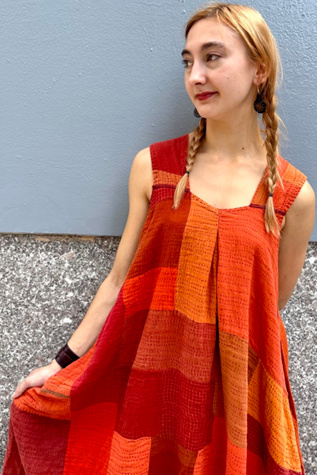 Vintage Orange Indian Patchwork Kantha Dress Selected by Nomad Vintage