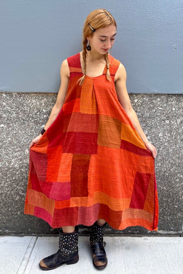 Vintage Orange Indian Patchwork Kantha Dress Selected by Nomad Vintage #1