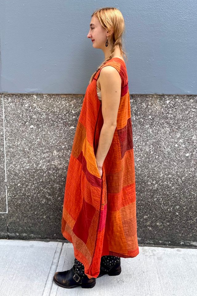 Vintage Orange Indian Patchwork Kantha Dress Selected by Nomad Vintage #2